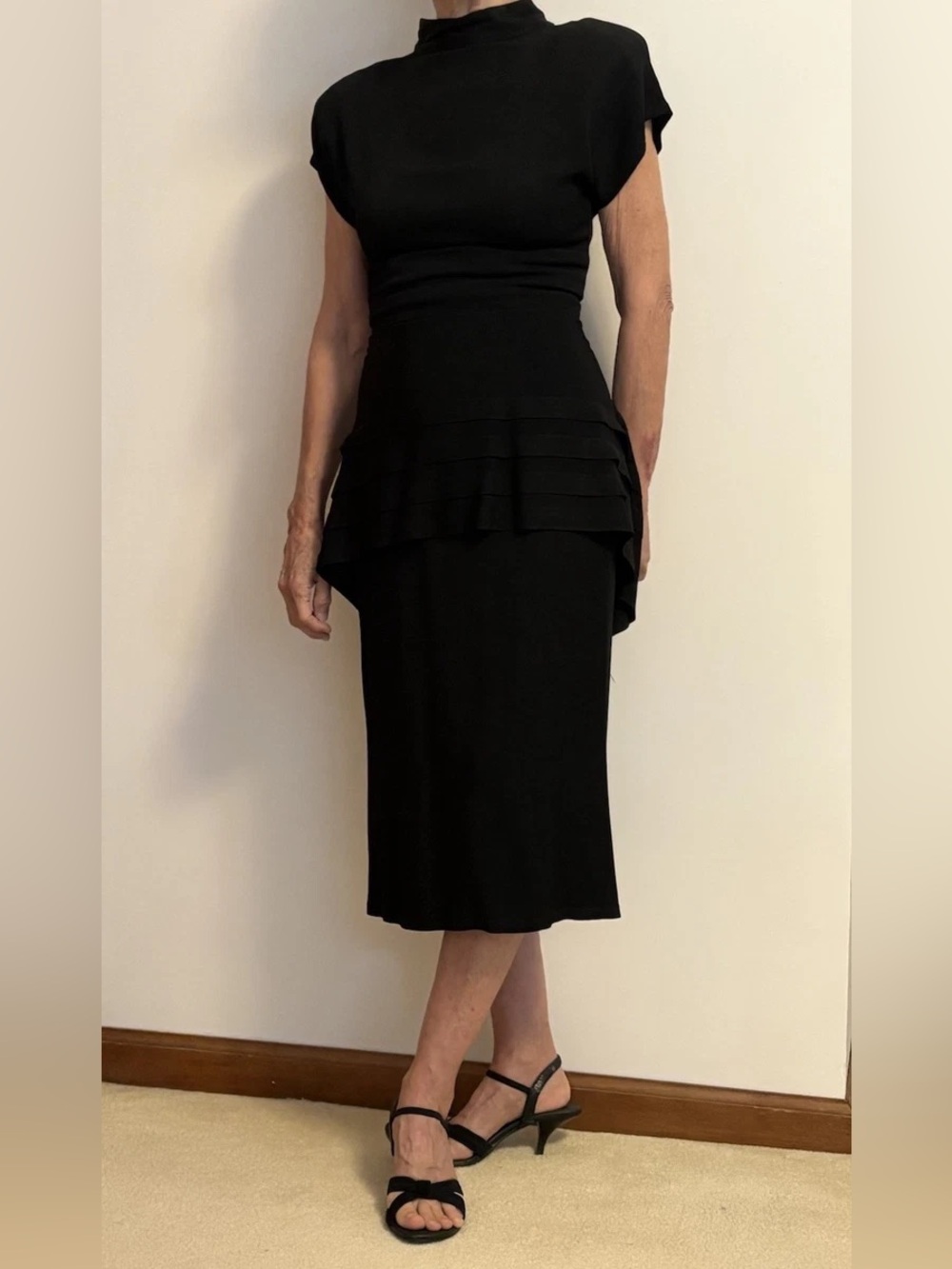 John Roberts Vintage Black Midi Peplum Dress— Pit 2 Pit 20 Waist 15